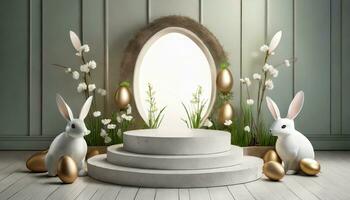 AI generated Easter background with round podium and easter ornaments photo