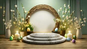 AI generated Easter background with round podium and easter ornaments photo