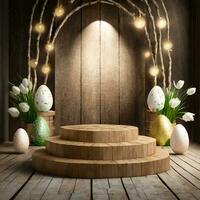 AI generated Easter background with round podium and easter ornaments, dark background theme photo