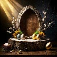 AI generated Easter background with round podium and easter ornaments, dark background theme photo