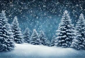 ai generado invierno mundo maravilloso frío azul bosque en un nevando fiesta noche foto