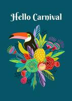 Template with flowers and toucan. Brazil carnival. Vector design for carnival concept and other use