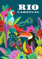 Template with flowers, fruits, birds, musical instruments. Brazil carnival. Vector design for carnival concept and other use