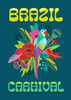Template with flowers and parrot. Brazil carnival. Vector design for carnival concept and other use