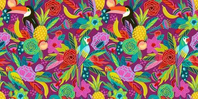 Vector seamless pattern with flowers, fruits, birds, musical instruments. Brazil carnival. Design templates for carnival concept and other use