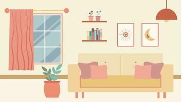 a living room with a couch, bookshelf and lamp pastel vector