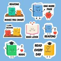 Set of stickers with reading, book lover quotes. Reading activity for kids, schoolers motivation. I love read, read every day. Literature hobby collection for book lovers, readers for scrapbooking. vector