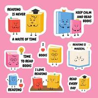 Set of motivational stickers, quotes about reading books. For Reading lessons, libraries, learning activities for kids. Literature hobby, motivation collection for book lovers, readers, daily journal. vector