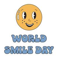 World smile day illustration with happy smiling yellow emoji. Funny emoji boy and girl in retro style. Perfect for greeting card, poster, social media, media resources. vector