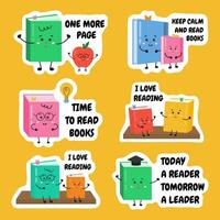 Set of stickers about books, readers, literature with cute books characters. For Reading lessons, libraries, motivation for kids, children to learn and read books. Literature hobby collection. vector