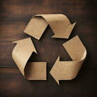 AI generated Recycling symbol on wooden background. Paper recycling concept photo