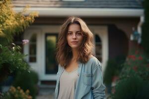 ai generado retrato de un joven mujer en frente de su casa. foto