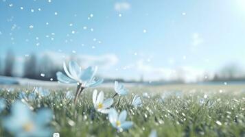 AI generated Spring flowers on the meadow. Spring landscape. photo