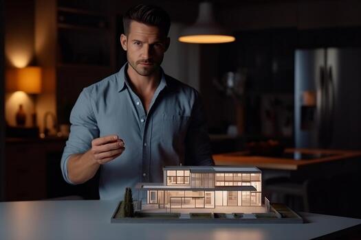 AI generated An architect near a model of a modern house. photo