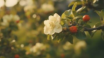 AI generated The apple tree blooms in spring, copy space. Spring background. photo