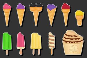 Illustration on theme big kit ice cream popsicle different types in cone waffle cup vector