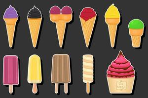 Illustration on theme big kit ice cream popsicle different types in cone waffle cup vector