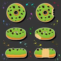 Illustration on theme big set different types sticky donuts, sweet doughnuts various size vector