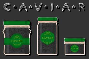 big set various types fish caviar, glass jar different size vector