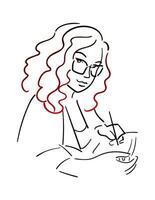 Modern working woman. curly Girl in glasses. Artist with a stylus. Student in class. Bright gradient hair. Lefty. Vector illustration in sketch style.