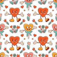 Seamless pattern for Valentines Day. Characters in old retro cartoon style. Dancing funky-groovy cute lollipops and hearts with flowers. For wallpaper, fabric, wrapping, background. vector