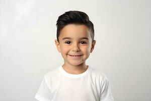 AI generated Portrait of boy in white t-shirt on gray background. photo