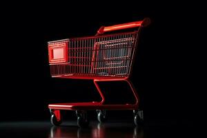 AI generated Red shopping cart on a black background. photo