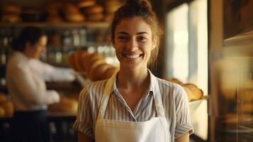 AI generated Smiling woman baker on bakery background. photo