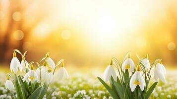 AI generated Spring background with snowdrops. photo