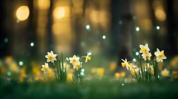 AI generated Spring background with daffodils blooming in the forest. photo