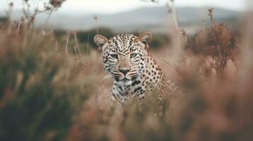 ai generado un leopardo es descansando en el alto césped. foto