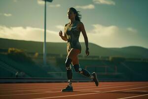 AI generated Young woman with prosthetic legs runs in the stadium. photo