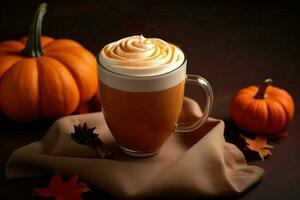 AI generated Pumpkin latte on a dark background. photo
