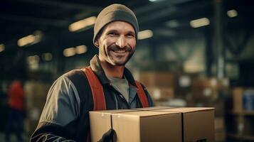 AI generated A warehouse worker sorts parcels. Delivery service. photo