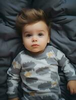 AI generated Little cute boy is lying on the bed. photo