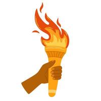 Hand with flaming torch. Burning torch flame in hand. Symbols of relay race, competition victory, champion or winner. Vector hand draw illustration isolated on white.