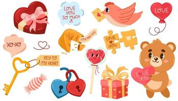 Cut set of romantic elements for Valentine's day. Teddy bear, fortune cookies, gift, lollipop, key, box of chocolates, pigeon with a letter, puzzle and hearts. Vector illustrations