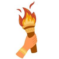 Hand with flaming torch. Burning torch flame in hand. Symbols of relay race, competition victory, champion or winner. Vector hand draw illustration isolated on white.