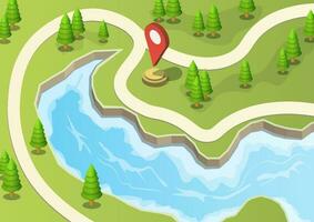 isometric park with lake and location pointer vector