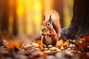 ai generado un ardilla se sienta en el suelo en un otoño bosque. foto