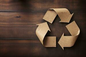 AI generated Recycling symbol on wooden background, copy space. Paper recycling concept photo