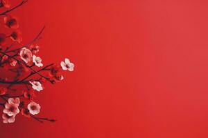 AI generated red flowers on a red background. Chinese New Year celebration. photo