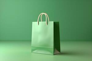 AI generated Green shopping bag on a green background. photo