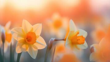 AI generated Daffodils, close up. Spring wallpaper. photo