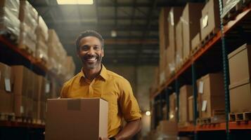 AI generated Man works in a warehouse. Delivery service. photo