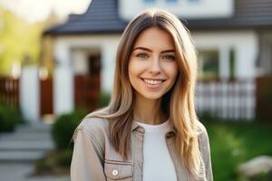 AI generated Young smiling woman near her home. photo