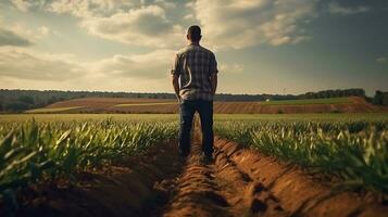 AI generated A farmer inspects his field, rear view. photo