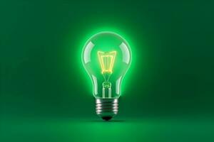 AI generated A light bulb glowing on a green background as a green energy concept. photo