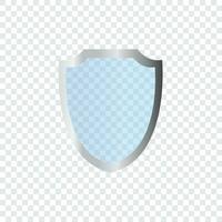 Glass shield in front view. Blue acrylic security shield or plexiglass plate with gleams and light reflections. Concept of award trophy or safety vector