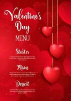 Valentines Day menu design with red hearts background vector